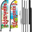 HunnmingRe 2 Pack Now Enrolling Preschool Feather Flag Set Preschool Swooper Flag Weatherproof Advertising Banner Enrolling Sign 15ft x 2.5ft with Flagpoles Ground Stakes Set for Business Advertising, Large Signage