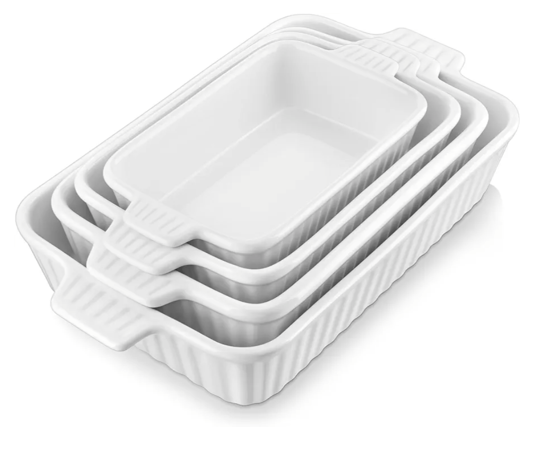 MALACASA Casserole Dishes for Oven, Porcelain Baking Dishes, Ceramic Bakeware Sets of 4, Rectangular Lasagna Pans Deep with Handles for Baking Cake Kitchen, White (9.4"/11.1"/12.2"/14.7"), Series