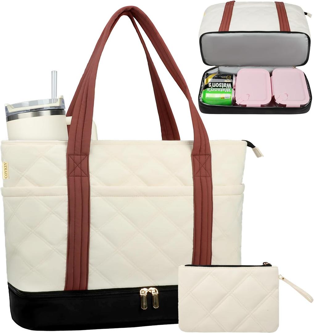 Covkev Lunch Tote Bag for Women with 15.6 Inch Laptop Compartment& Clutch Purse, Lightweight Puffer Laptop Tote Bags with Independent Insulated Lunch Compartment, Briefcase for Office Teacher Nurse