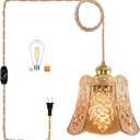 Plug in Pendant Light Hanging Lights with Plug in Cord Mid Century Modern Gold Hanging Lamp Dimmable Mini Amber Glass Vintage Retro Plug in Ceiling Fixture for Living Room,Bedroom,Kitchen,Boho
