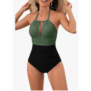 B2prity Women's Slimming One Piece Swimsuits Tummy Control Bathing Suit Halter Swimwear for Big Busted Curvy Woman, L, Green & Black