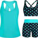 HUSKARY 3 Piece Tankini Swimsuits for Women Swim Tank Top with Bra and High Waist Boy Shorts with Pockets (Medium, Lake Green Polka Dots)