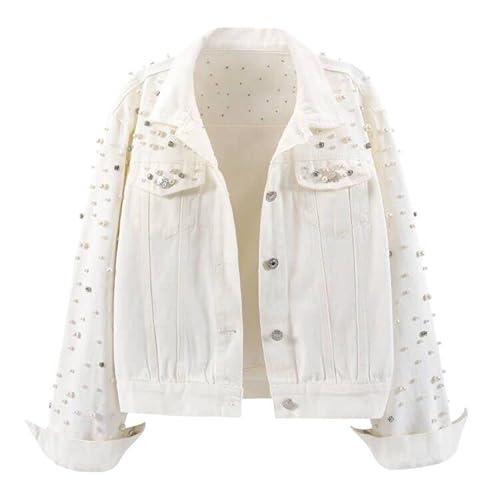 LifeShe Women's Pearls Denim Jacket Cropped Rhinestones Jean Jacket Coat, Large