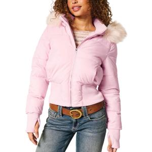 Womens Faux Fur Trim Hooded Jacket Winter Warm Quilted Puffer Bomber Padded Coat Utility Zipper Cropped Outwear (Small, Pink)