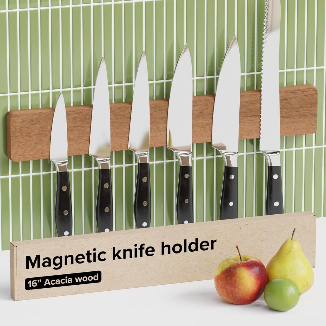 Knife Magnetic Strip 16" Acacia Wood Natural Beech  Magnetic Knife Holder for Wall no Screws  Kitchen Utensil Holder, Knife Bar, Knife Rack, Kitchen Organizer and Tool Holder