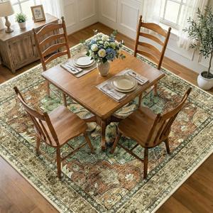 RELEANY Area Rugs Square 8ft Washable Non-Slip, Floral Vintage Distress Print Pattern Medallion Carpet for Living Room Bedroom Dining Room, Brick Red Rust Neutral Brown Burnt Orange Green
