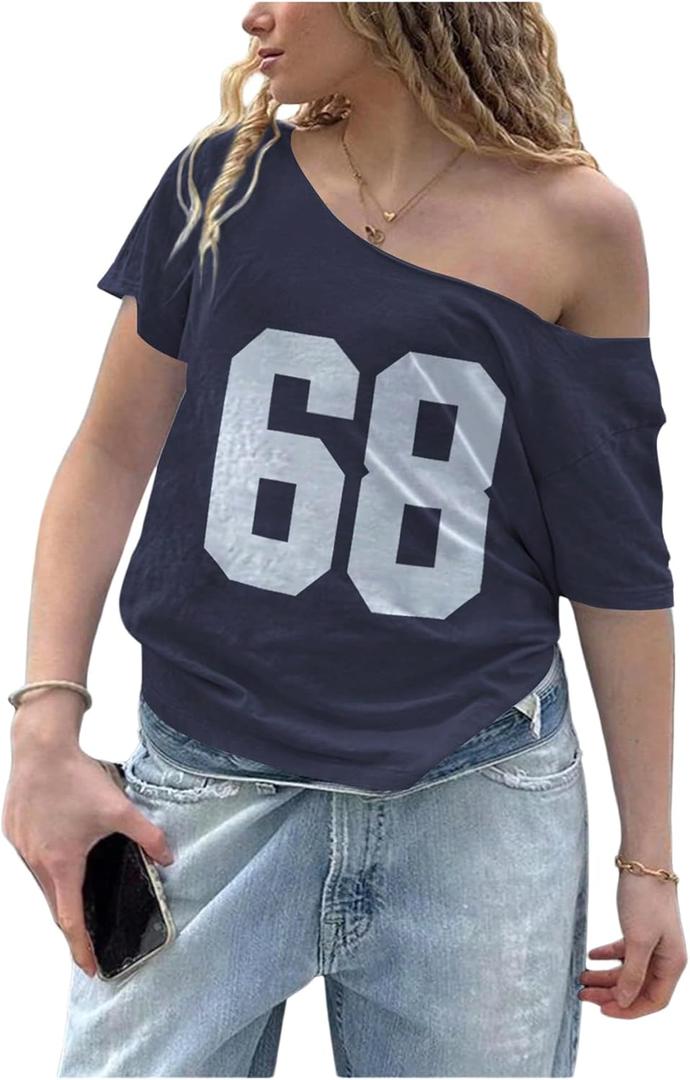 Milumia Women's Plus Size Number Print Jersey Shirt One Shoulder Short Sleeve Tee Tops T Shirt (XL)