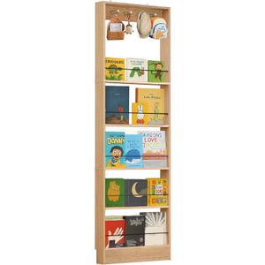 Behind The Door Bookshelf Kids,Wooden Behind Door Bookshelf, 5-Tier Bookcase Book Shelf Space-Saving Organizer Storage for Toys and Story Books Wall Mount Shelves with Hooks(Oak), 23.6''Lx3.94''Dx72.85''H