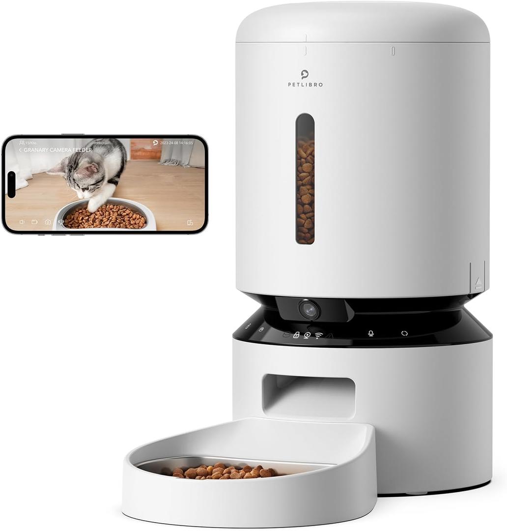 PETLIBRO Automatic Cat Feeder with Camera, 1080P HD Video with Night Vision, 5G WiFi Pet Feeder with 2-Way Audio, Low Food & Blockage Sensor, Motion & Sound Alerts for Cat & Dog Single Tray (5L-Camera, White)