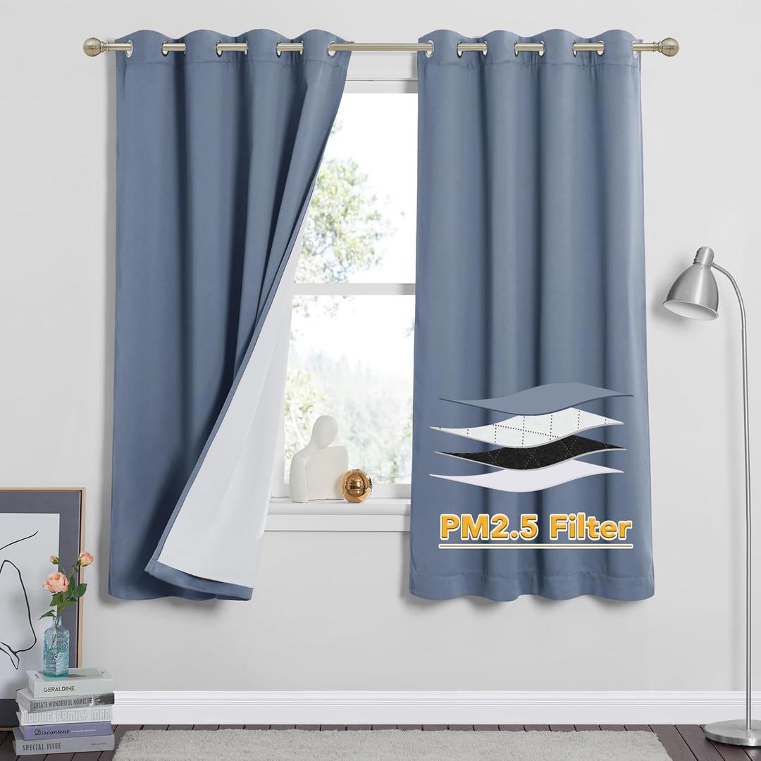 RYB HOME Soundproof & Dust Particle Filtering Curtains 100% Blackout Thermal Insulated Window Treatment Air Filter Drapes for Bedroom Living Room Kids Nursery, Stone Blue, W52 x L63 inch, 2 Panels