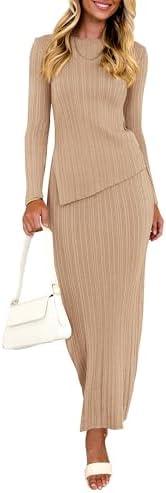 Women 2 Piece Outfits Long Sleeve Asymmetric Slit Hem Tops Midi Bodycon Skirt Sets Lounge Knit Sweater Set, Beige, Size S