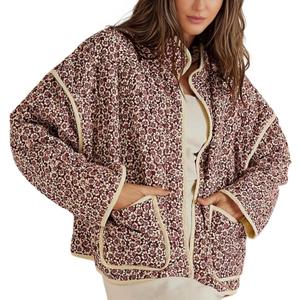Omoone Women's Cropped Quilted Jacket Floral Printed LightWeight Padded Puffer Cardigan Coat Outwear(3950-09Red-S)