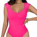 REORIA Women's Summer Sexy Casual V Neck Double Lined Seamless Sleeveless Slimming One Piece Leotards Going Out Trendy Tank Top Tees Thong Bodysuits Neon Rose Red Large
