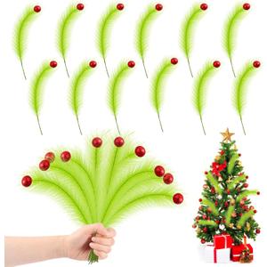 2 x 12 Pcs Green Furry Christmas Tree Picks, 17 Inch Christmas Tree Topper Decorations, Red Green Tree Ornaments for Christmas Picks Furry, Suitable for Indoor Christmas Home Wreath Decorations