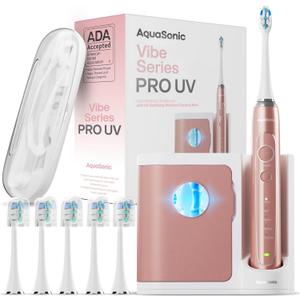 Aquasonic Vibe Series PRO  Ultra-Whitening Electric Toothbrush  5 Modes & Smart Timers  UV Sanitizing Base  ADA Accepted (Satin Rose Gold)