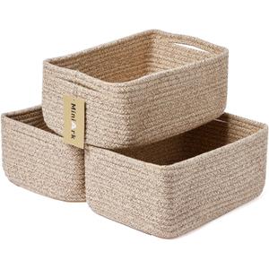 Small Storage Baskets for Organizing | Closet Organizer Bins | Shelf Toy Basket | Woven Rope Baskets | Cube Decorative Box | Shallow Basket | 13x8.5x5.1 | 3 Packs Mixed Brown