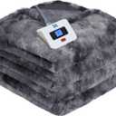 Sealy Electric Blanket Twin Size, Faux Fur & Flannel Fast Heated Blanket with 10 Heating Levels & 1-12 Hours Auto Off, Machine Washable, Grey, 62x 84 Inch