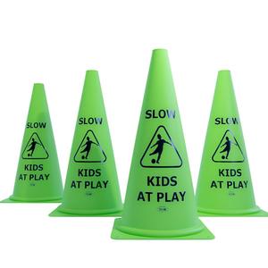 Vibrant Green 'Kids at Play' Safety Cone - 4ct, 15in Tall Durable & Fun Child Safety Solution for Driveways, Streets, Schools, and Parks