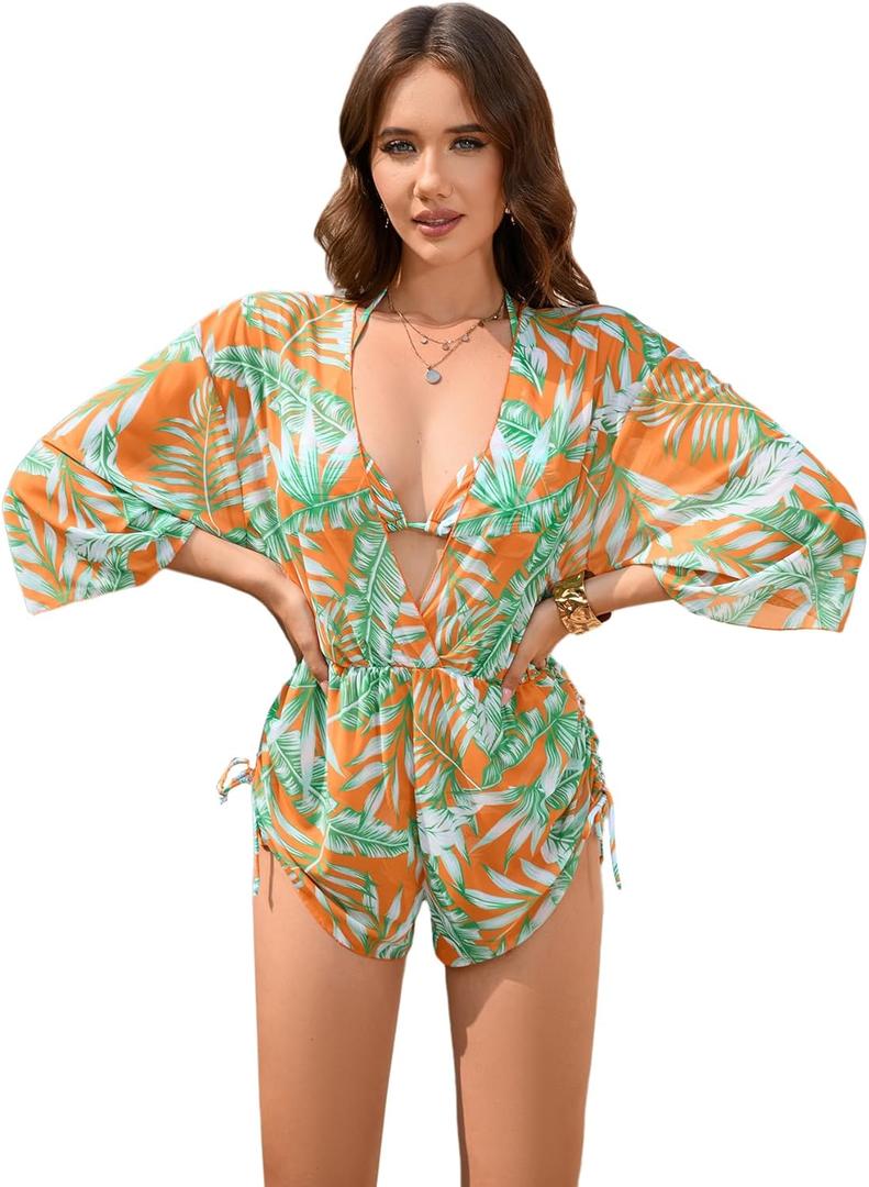 COZYEASE Women's 2025 Summer 3 Piece Swimsuits Tropical Print Bikini Set Halter Drawstring Bathing Suits with Cover Up (Medium, Orange)
