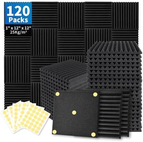 Focusound 120 Pack Acoustic Foam Panels 1" x 12" x 12" Sound Proof Foam Panels Soundproofing Noise Cancelling Wedge Panels for Home Office Recoding Studio with 600 PCS Double-Side Adhesive