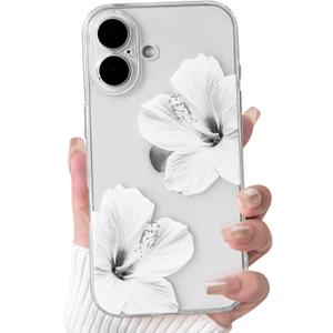 NITITOP Compatible with iPhone 16 Plus Case Clear Cute Hibiscus Flower Floral Pattern for Women Girls Full Camera Lens Slim Shockproof Protective Phone Cover - White