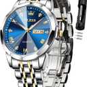 OLEVS Watch for Men Diamond Business Dress Analog Quartz Stainless Steel Waterproof Luminous Date Two Tone Luxury Casual Wrist Watch Blue