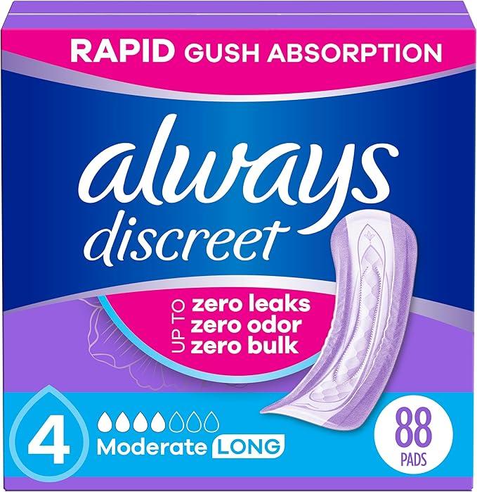 Poise Daily Liners, Incontinence Panty Liners for Bladder Leaks, 2 Drop Very Light Absorbency, Long Length, 264 Count of Pantiliners (6 Packs of 44); Always Discreet Adult Incontinence Pads for Women, Drier, 4 Drop Long Length, Moderate Absorbency, Pads for Bladder Control Management, Bladder Leaks, & Postpartum Pads, 88ct