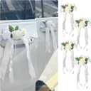 4PCS Wedding Car Door Handle Decorative Flowers, White Artificial Cars Bouquet Flower Bowknot Ribbon Decor, Just Married Automotive Decorations Accessories for Door Handles