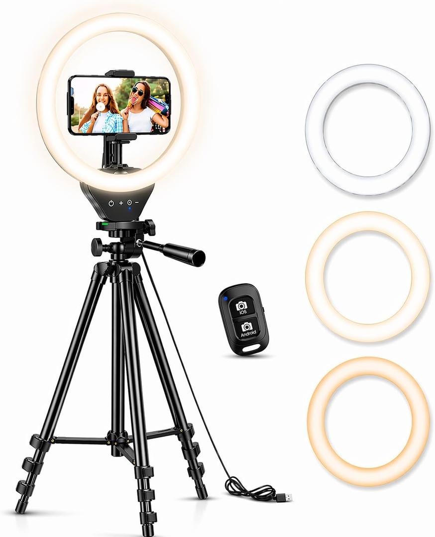 Sensyne 10'' Ring Light with 50'' Extendable Tripod Stand, LED Circle Lights with Phone Holder for Live Stream/Makeup/YouTube Video/TikTok, Compatible with All Phones (Nature)