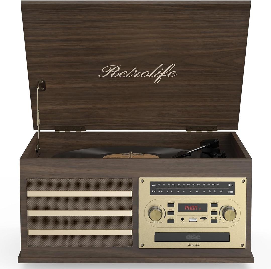 Vinyl Record Player 10-in-1 Music Center Turntable Built-in Speakers Support 3 Speed BT Wireless Input/Output AM/FM Radio CD Cassette Tape Player Aux RCA Auto Stop Vinyl Recording to USB/TF Card Brown (Walnut)