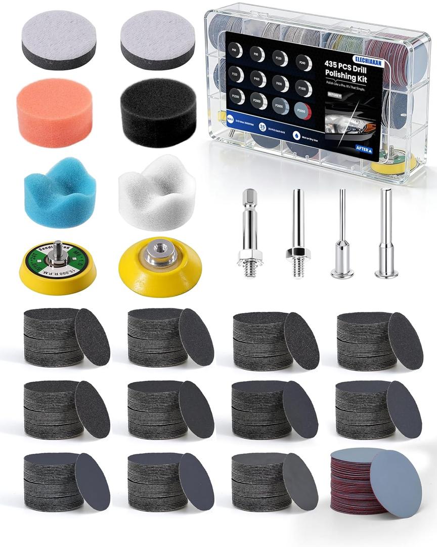 435 PCS 2 Inch Wet Dry Sanding Discs, Drill Polishing Kit with 60 to 5000 Grit Hook and Loop Sandpaper Assortment for Dremel Drill, Headlight Restoration Kit with Buffing Pad for Auto Wood Metal Resin