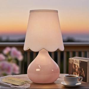 14''H Cordless LED Table Lamp with Dimmer, Ceramic Bedside Table Lamp, Rechargeable & 3-Level Brightness, Ceramic Base, Detachable Bulb, Linen Shade, Desk lamp for Cozy Teens Room Decor (Pink)