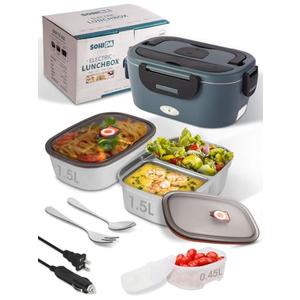 SOHIDA Heated Lunch Box, 80W Electric Lunch Box with Two 1.5L Stainless Steel Interchangeable Containers and Lids, 12V/24V/110V Food Warmer with Utensils and Insulated Bag for Car/Truck/Office (Black)