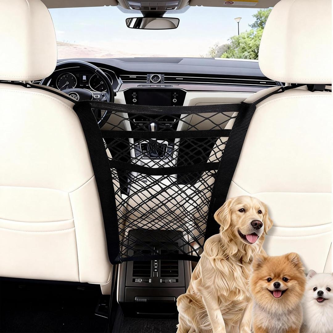 Dog Net for Car, Dog Barrier for SUV Black 3-Layer Four-Sided Stretchable Dog Net for Car, Back Seat with Storage Mesh Easy Install, Pets Fits Most Cars & SUV