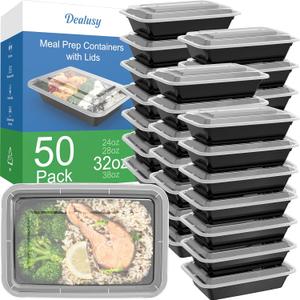 50 Pack (100-Piece) 32 oz Meal Prep Containers Reusable with Lids, Sturdy Leakproof & Food Safe, Microwave, Freezer, Dishwasher Safe Prep Containers, To Go Take Out Plastic Food Storage