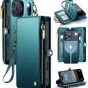 Defencase for iPhone 17 Pro Magnetic Wallet Case Compatible with Magsafe with RFID Blocking Zipper & Card Holder for Women Men PU Leather Strap Detachable Case for iPhone 17 Pro (6.3 inch), Blue Green