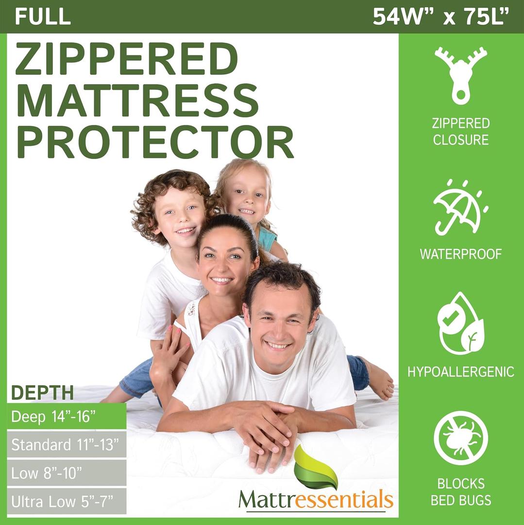 Zippered Full (14"-16" Depth) Mattress Protector - Bed Bug Waterproof Mattress Cover, Premium Quality Hypoallergenic Encasement White