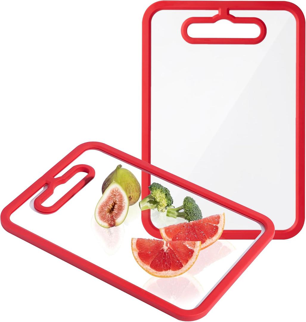 2Pcs Red Glass Cutting Board for Kitchen, Tempered Glass Chopping Board with Non-Slip Edges, Dishwasher Safe Clear Cutting Board Set, Heat & Shatter Resistant, 15"11" & 13"9"