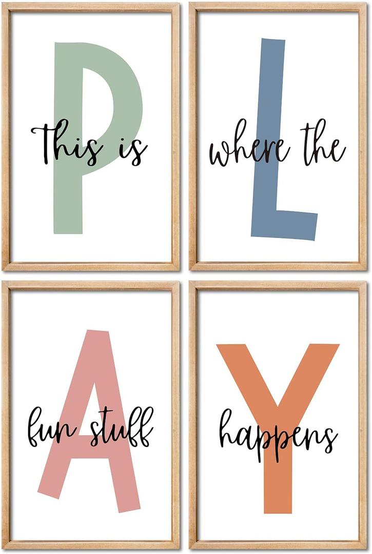 4 x This Is Where Fun Stuff Happens Kids Playroom Wall Decor PLAY Quote Art | Motivational Prints for Nursery, Natural Wood Frame, Set of 4, 16x24 Inches , Let's Play Sign for Toddler Boys, Ready to Hang