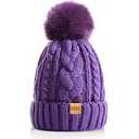 Women's Winter Fleece Beanie Hat, Warm Soft Wool Lined Knit Cross Cap with Pom Pom Snow (Purple)
