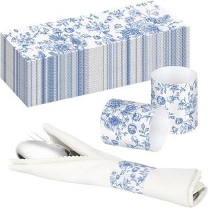 FoldTier 300 Pcs Wedding Paper Napkin Rings Disposable Napkin Bands Self Adhesive Blue White Flower Silverware Wrap Band for Wedding Birthday Holiday Party Dinner Table Setting Decoration