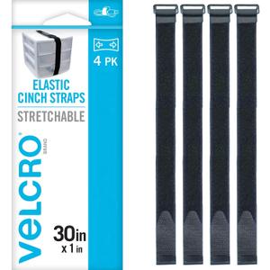 VELCRO Brand 30 Inch Elastic Straps 4 Pack | Stretchable and Adjustable For Snug Fit | Fasten Outdoor Umbrellas, Wood, Tarps, Blankets, Poles, More | Cinch with Buckle, Black 30x1"