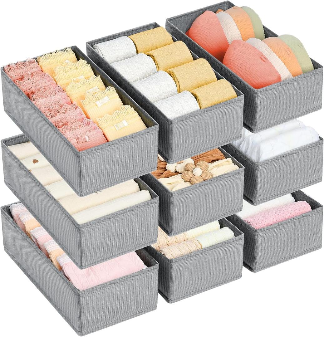 DIMJ Drawer Organizer Clothes - Underwear Organizer Small Sock Organizer Closet Organizers and Storage Box Dresser Drawer Dividers for Baby Clothes,Bra,Socks, Belt, Tie, Set of 9,Grey