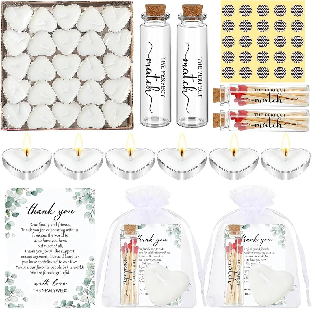 Wedding Party Favors for Guests Bulk Including Mini Heart Shaped Candles Empty Matches Jars with Cork Top Thank You Cards and Organza Bags for DIY Wedding Bridal Shower Party Guests Souvenir Gift (50)