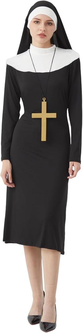 Halloween Nun Costume Woman, Nun Costume Dress Set Adult, Nun Outfit+Nun hat+ Cross Pendant for Cosplay Party (Small, Black)