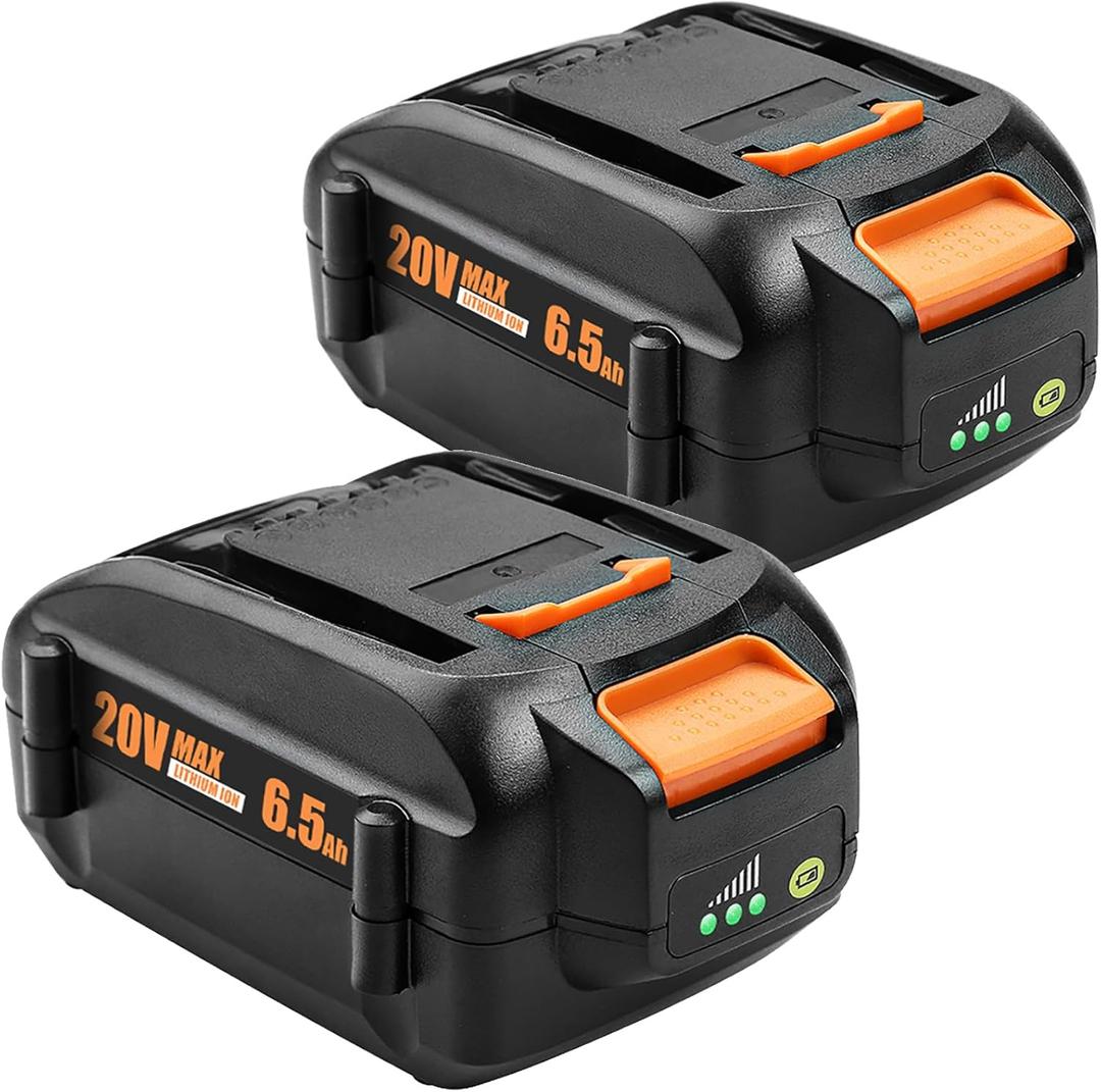20V 6.5Ah High-Capacity Battery Replacement for Worx Battery 20V PowerShare WA3578 WA3674 WA3575 WA3525 WA3520 WG155s WG251s WG890 WG891 Compatible with Worx 20 Volt Cordless Tools (2 Pack)
