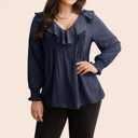 Womens Indigo Solid Texture Pleated Ruffle Trim Blouse V Neck Long Sleeve Top Casual Shirt, XL