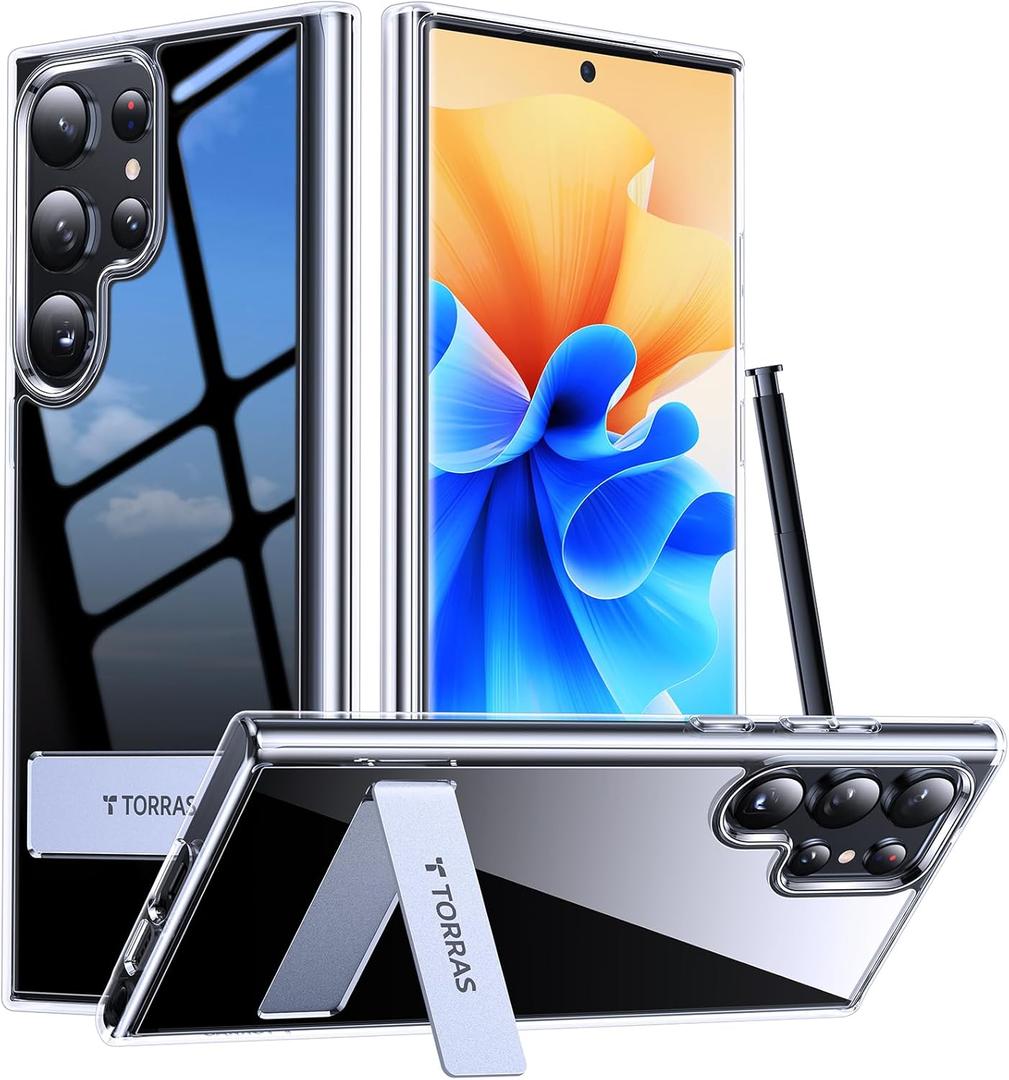 TORRAS for Samsung Galaxy S23 Ultra Case Clear with Kickstand Never Yellowing, [3-Way Built-in Kickstand] [10FT MIL-Grade Shockproof] Slim Clear Case for Samsung S23 Phone Ultra Case, Diamond Clear