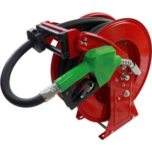 3/4 Inch Fuel Hose Reel,3/4"X33' Retractable Ratchet Spring Driven Diesel Hose Reel,360 Rotating Fuel Hose Swivel,AUTO Fuel Nozzle,SS304 Elbow Pipe,Barb Fitting,300 PSI,1"NPT Inlet,3/4" Outlet