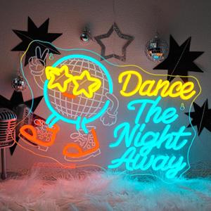 Music Neon Sign Dance The Night Away Neon Disco Ball Light Up Retro Design for Theme Party Bar Dance Vintage Wall Decor Dimmable LED Music Light for Vintage Style Lovers and Dancers